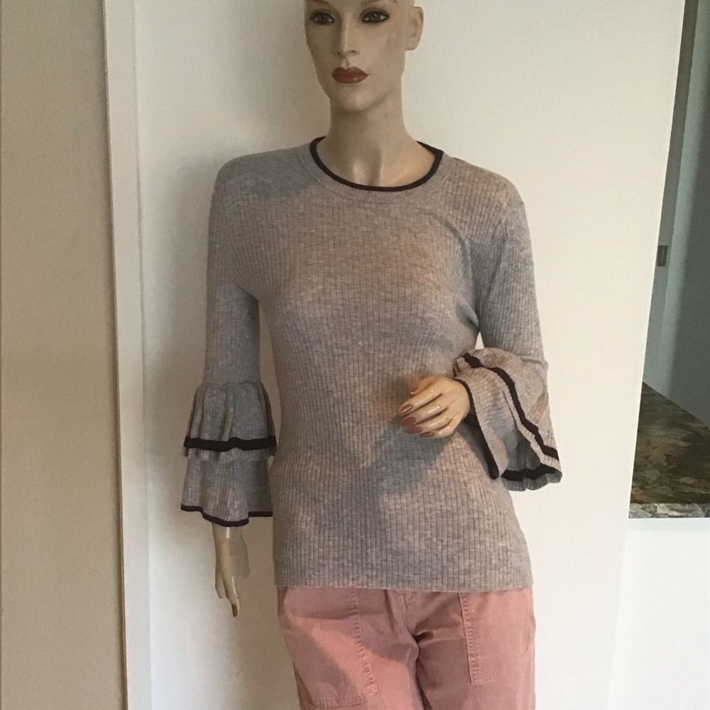Frame Denim Gray Navy Blue Stripe Double Ruffle Sleeve Wool Blend Sweater S $289
